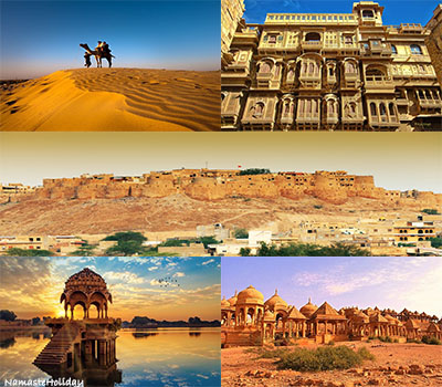 jaisalmer sightseeing covering prominent attractions with namaste holiday- desert sam sand dunes, patwa haveli, golden fort, and bada bagh